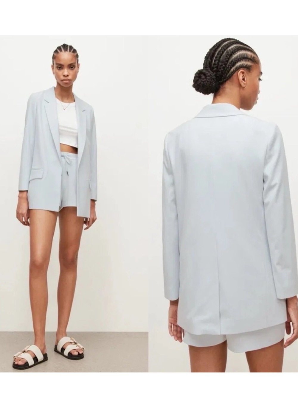 ALL SAINTS Aleida Tri Blazer Jacket Iced Blue Longline Open Front Women’s Size 8